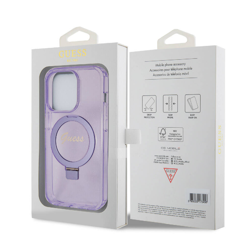 Apple iPhone 15 Pro Kılıf Guess Orjinal Lisanslı M-safe Şarj Özellikli Simli Arka Yüzey Ring Standlı Kapak Renksiz