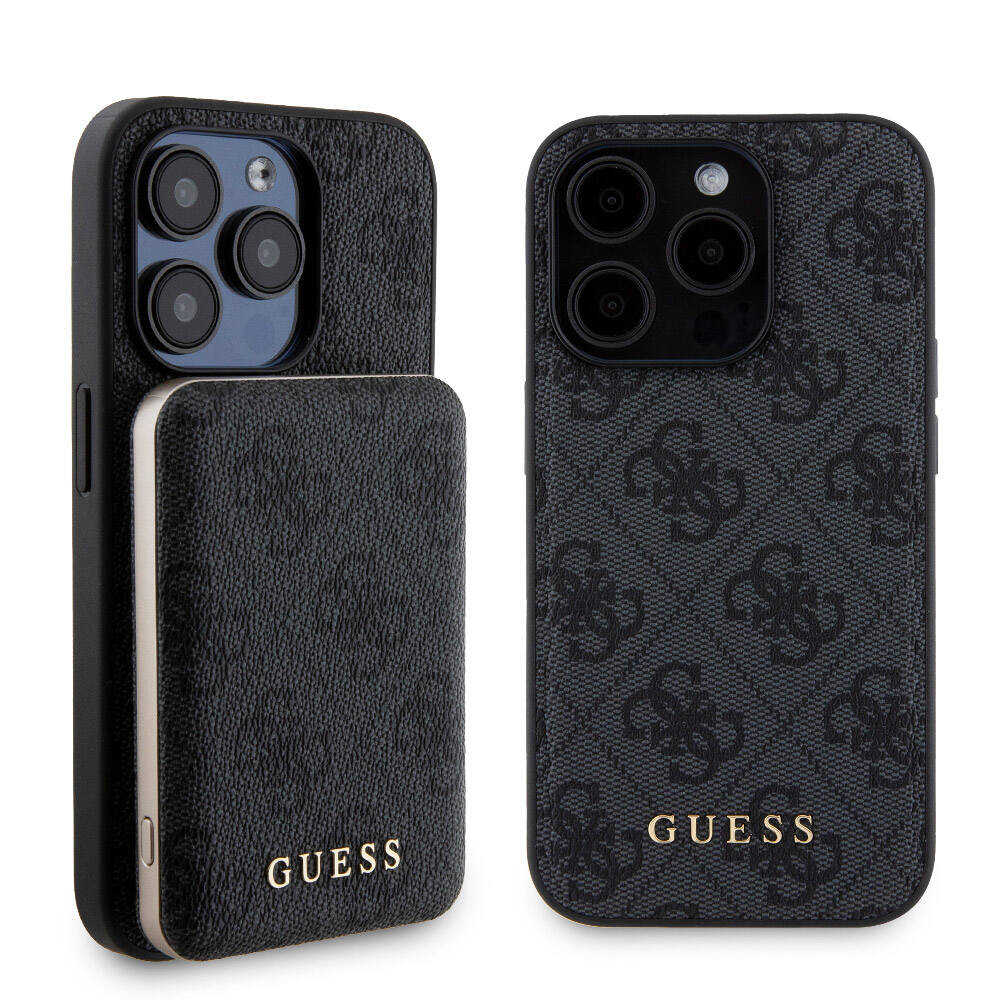 Apple iPhone 15 Pro Kılıf Guess Orjinal Lisanslı M-safe Şarj Özellikli Yazı Logolu 4G Desenli Kapak + Powerbank 5000mAh 2in1 Set Kahverengi