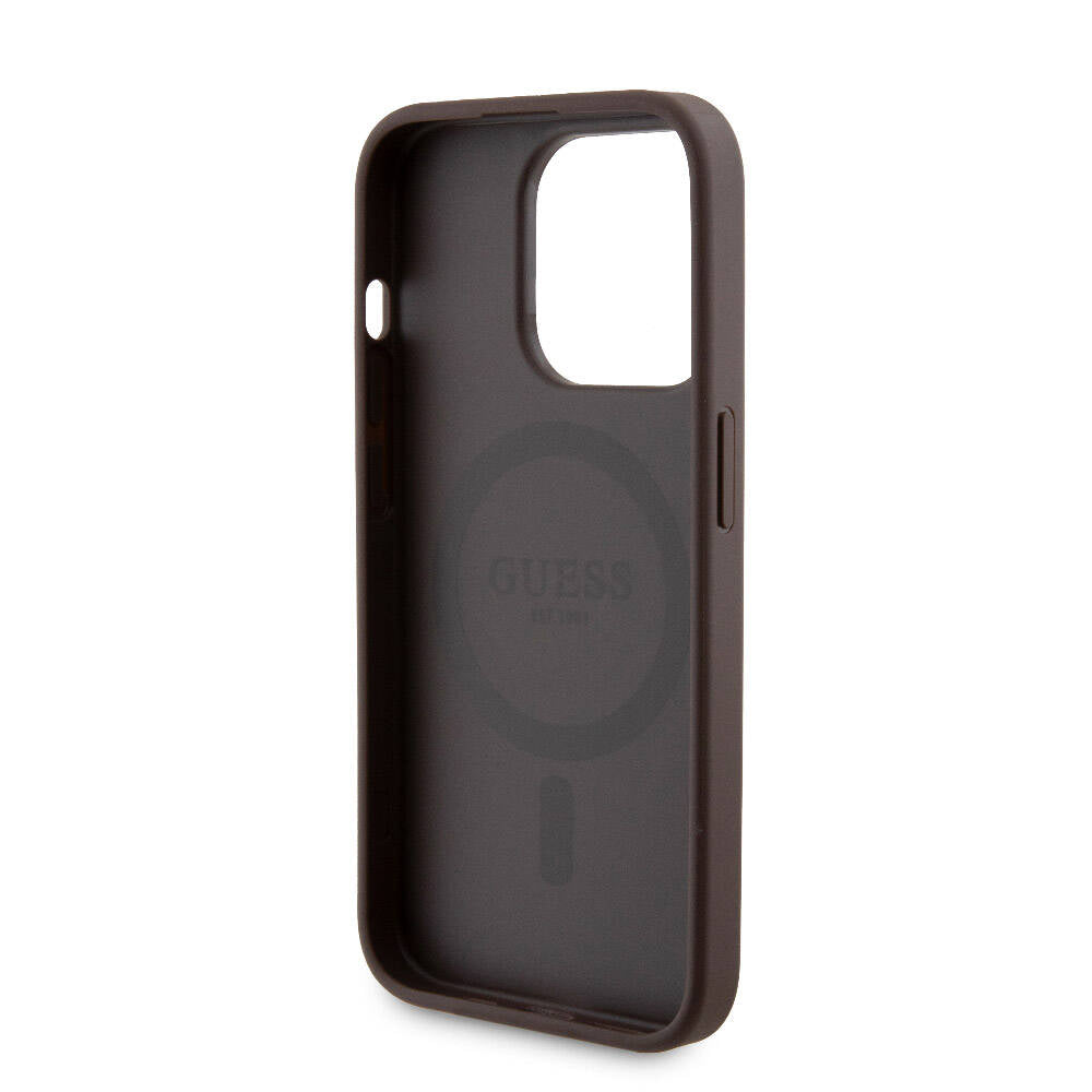 Apple iPhone 15 Pro Kılıf Guess Orjinal Lisanslı M-safe Şarj Özellikli Yazı Logolu 4G Desenli Kapak + Powerbank 5000mAh 2in1 Set Kahverengi