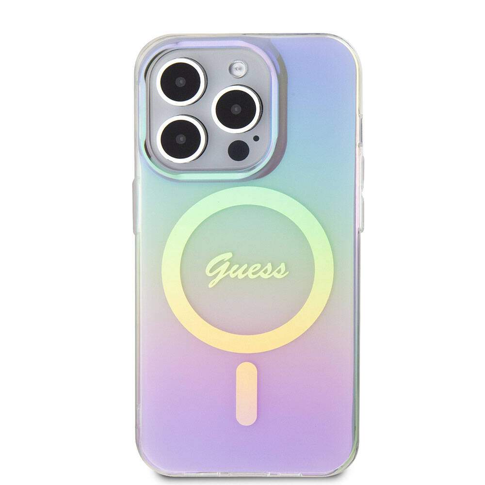 Apple iPhone 15 Pro Kılıf Guess Orjinal Lisanslı M-safe Şarj Özellikli Yazı Logolu Iridescent Kapak Turkuaz