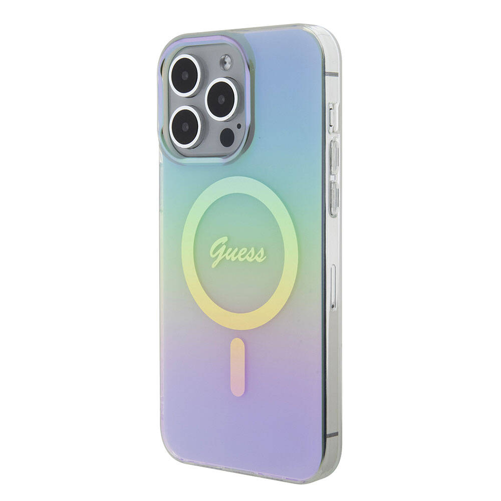 Apple iPhone 15 Pro Kılıf Guess Orjinal Lisanslı M-safe Şarj Özellikli Yazı Logolu Iridescent Kapak Turkuaz