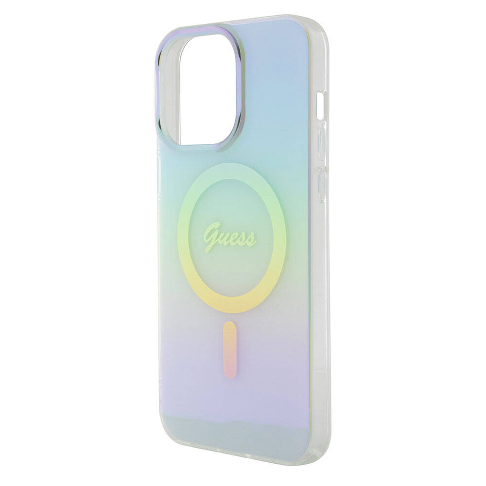 Apple iPhone 15 Pro Kılıf Guess Orjinal Lisanslı M-safe Şarj Özellikli Yazı Logolu Iridescent Kapak Turkuaz