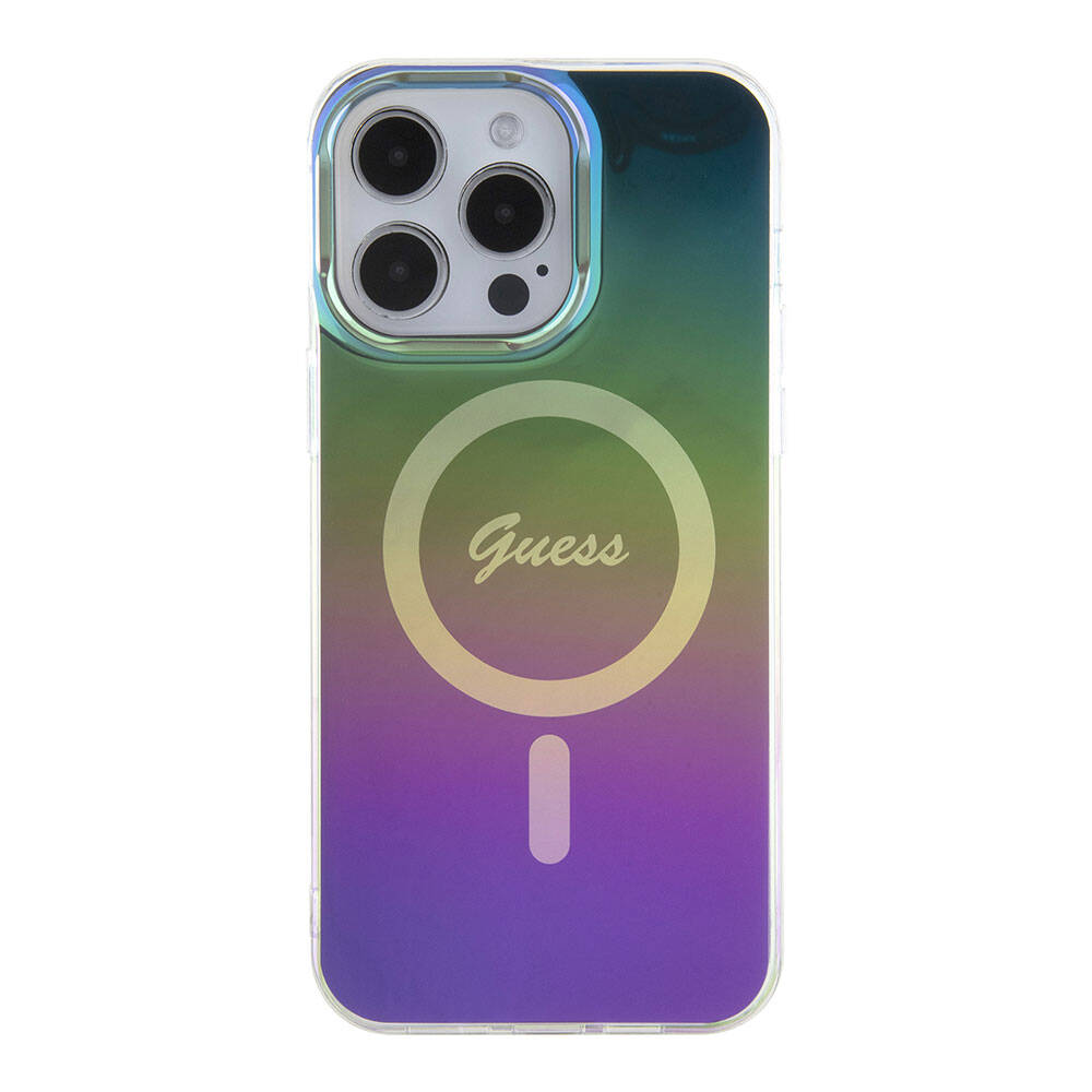 Apple iPhone 15 Pro Kılıf Guess Orjinal Lisanslı M-safe Şarj Özellikli Yazı Logolu Iridescent Kapak Turkuaz