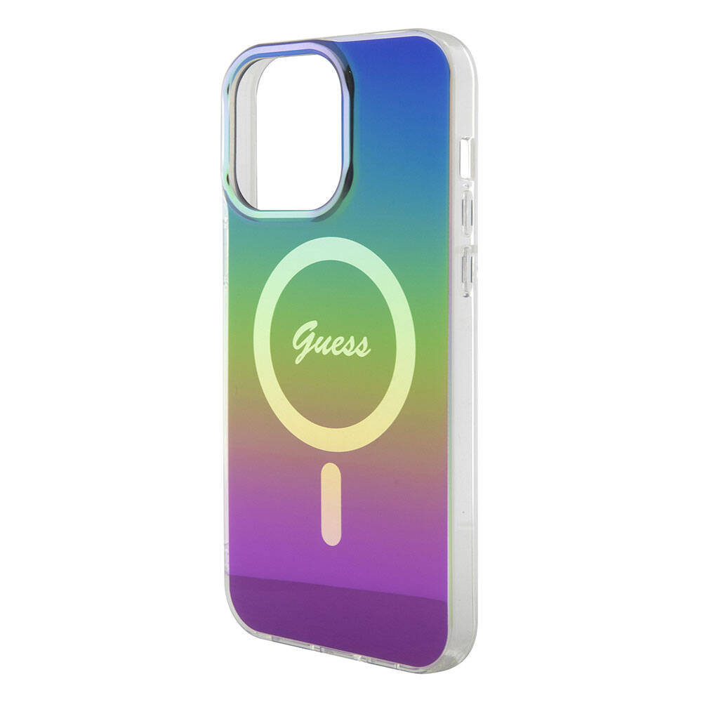 Apple iPhone 15 Pro Kılıf Guess Orjinal Lisanslı M-safe Şarj Özellikli Yazı Logolu Iridescent Kapak Turkuaz