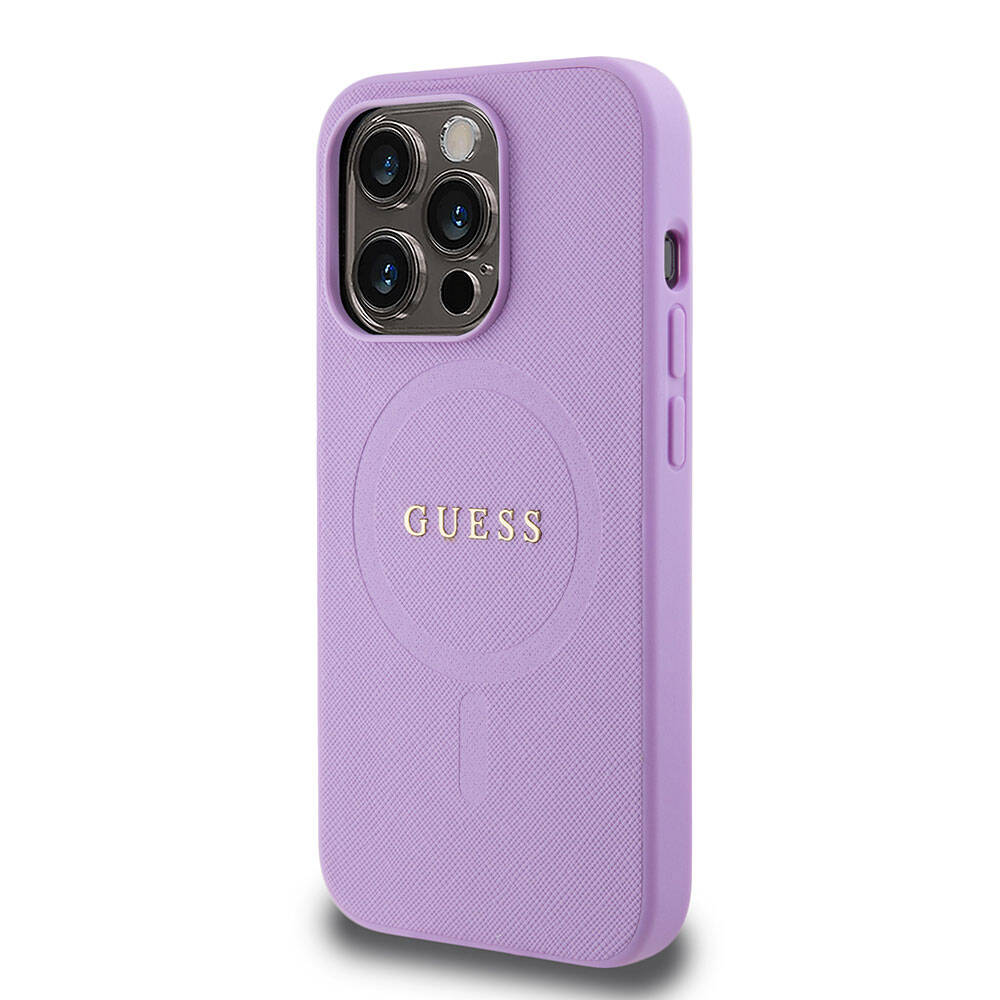 Apple iPhone 15 Pro Kılıf Guess Orjinal Lisanslı M-safe Şarj Özellikli Yazı Logolu Saffiano Kapak Mor