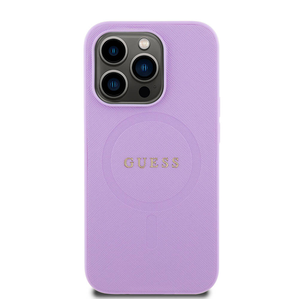 Apple iPhone 15 Pro Kılıf Guess Orjinal Lisanslı M-safe Şarj Özellikli Yazı Logolu Saffiano Kapak Mor