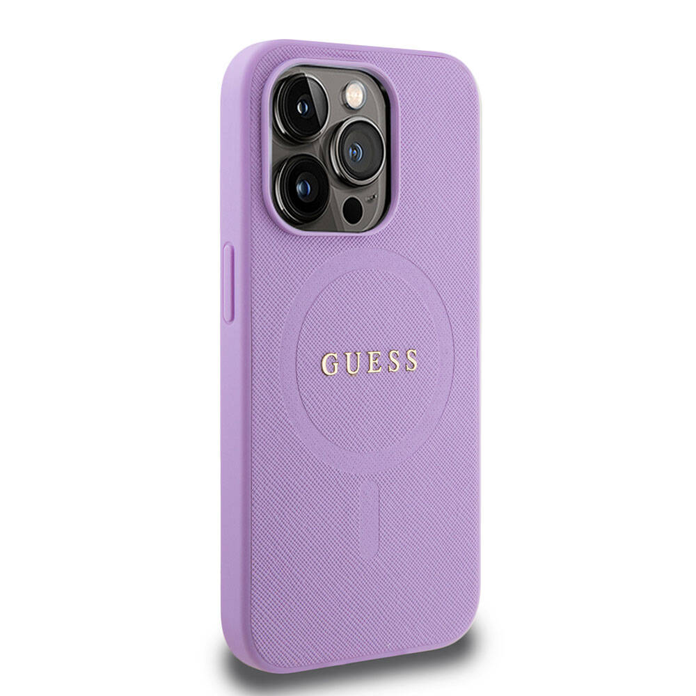 Apple iPhone 15 Pro Kılıf Guess Orjinal Lisanslı M-safe Şarj Özellikli Yazı Logolu Saffiano Kapak Mor