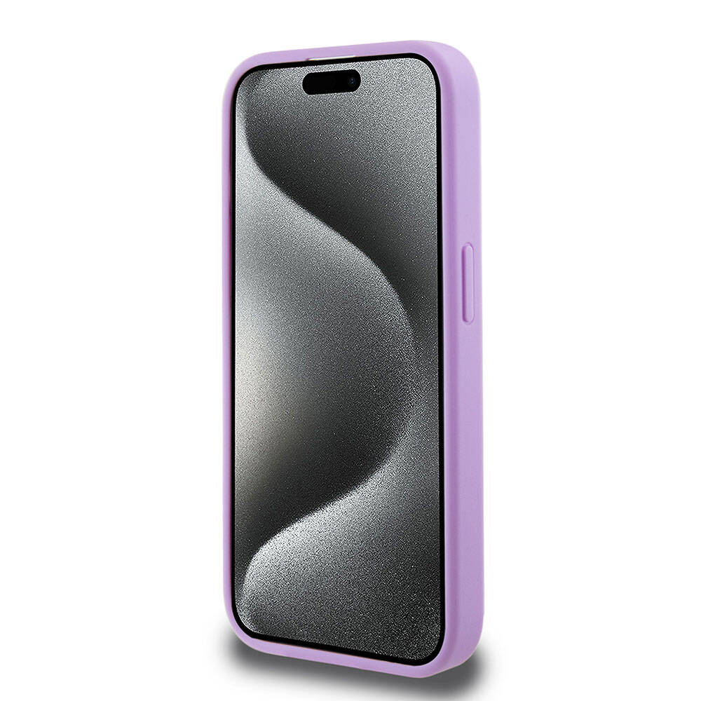 Apple iPhone 15 Pro Kılıf Guess Orjinal Lisanslı M-safe Şarj Özellikli Yazı Logolu Saffiano Kapak Mor