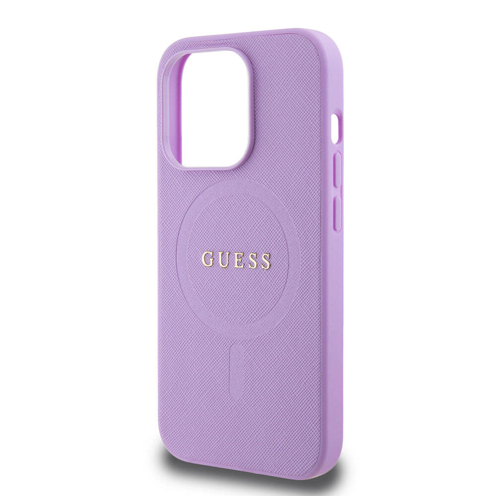 Apple iPhone 15 Pro Kılıf Guess Orjinal Lisanslı M-safe Şarj Özellikli Yazı Logolu Saffiano Kapak Mor