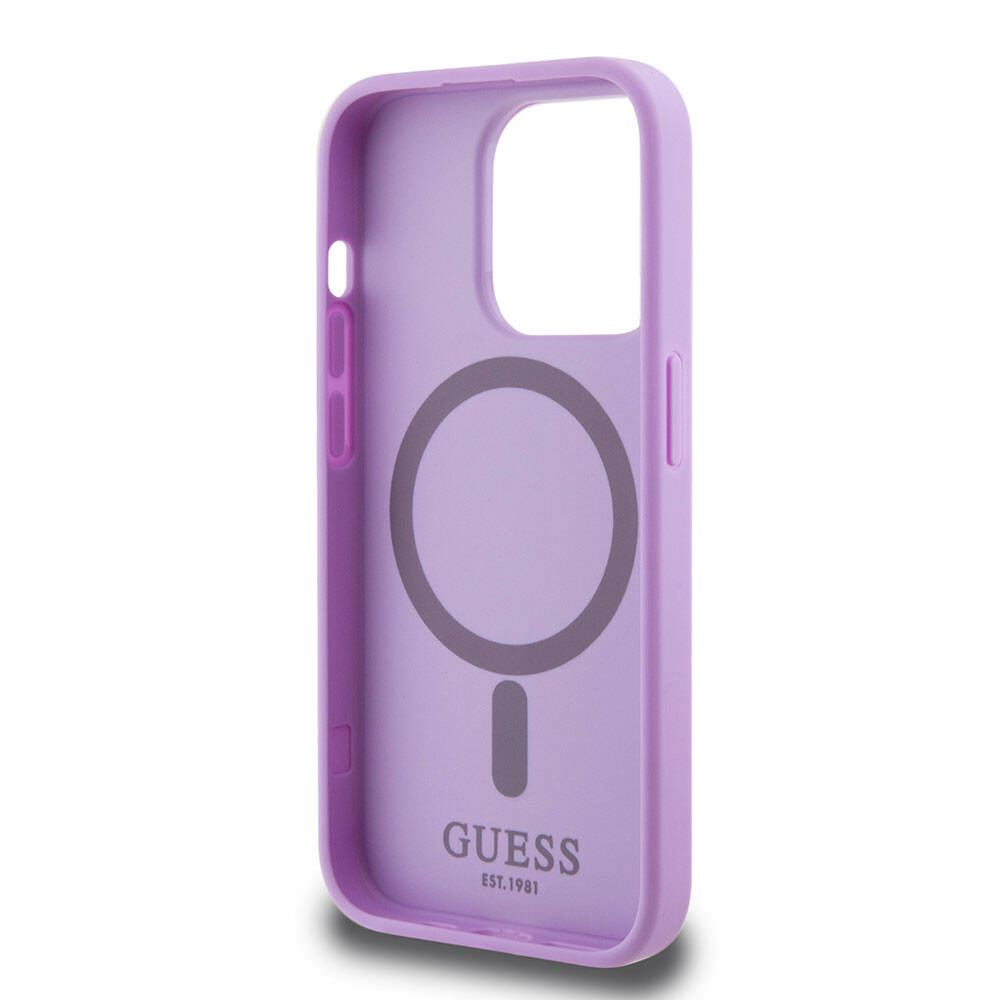 Apple iPhone 15 Pro Kılıf Guess Orjinal Lisanslı M-safe Şarj Özellikli Yazı Logolu Saffiano Kapak Mor