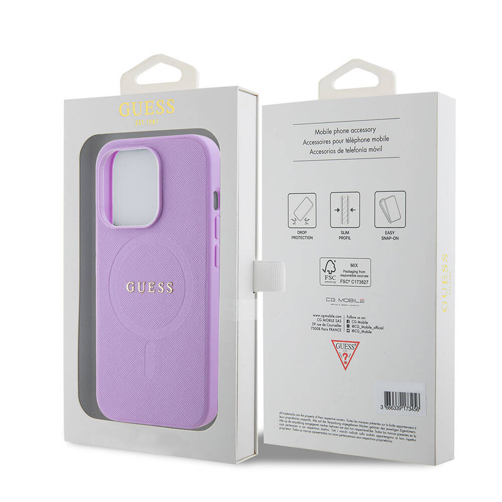 Apple iPhone 15 Pro Kılıf Guess Orjinal Lisanslı M-safe Şarj Özellikli Yazı Logolu Saffiano Kapak Mor
