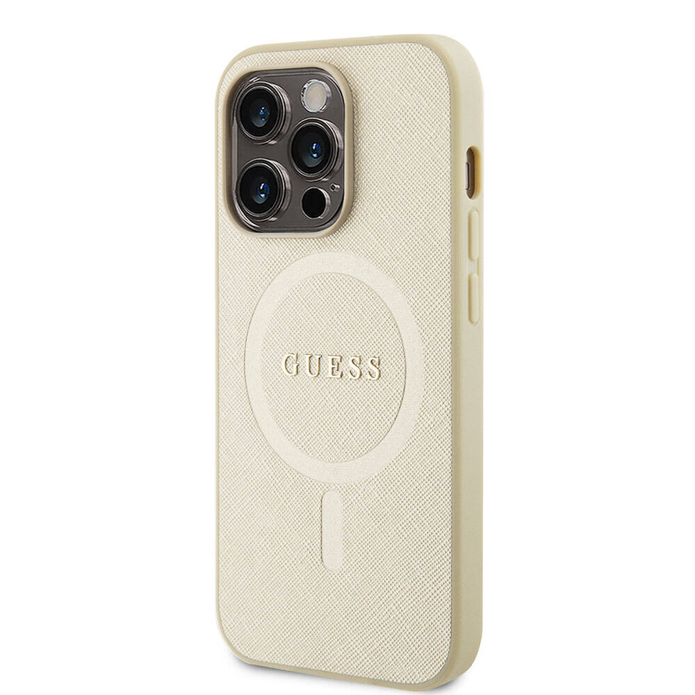 Apple iPhone 15 Pro Kılıf Guess Orjinal Lisanslı M-safe Şarj Özellikli Yazı Logolu Saffiano Kapak Krem