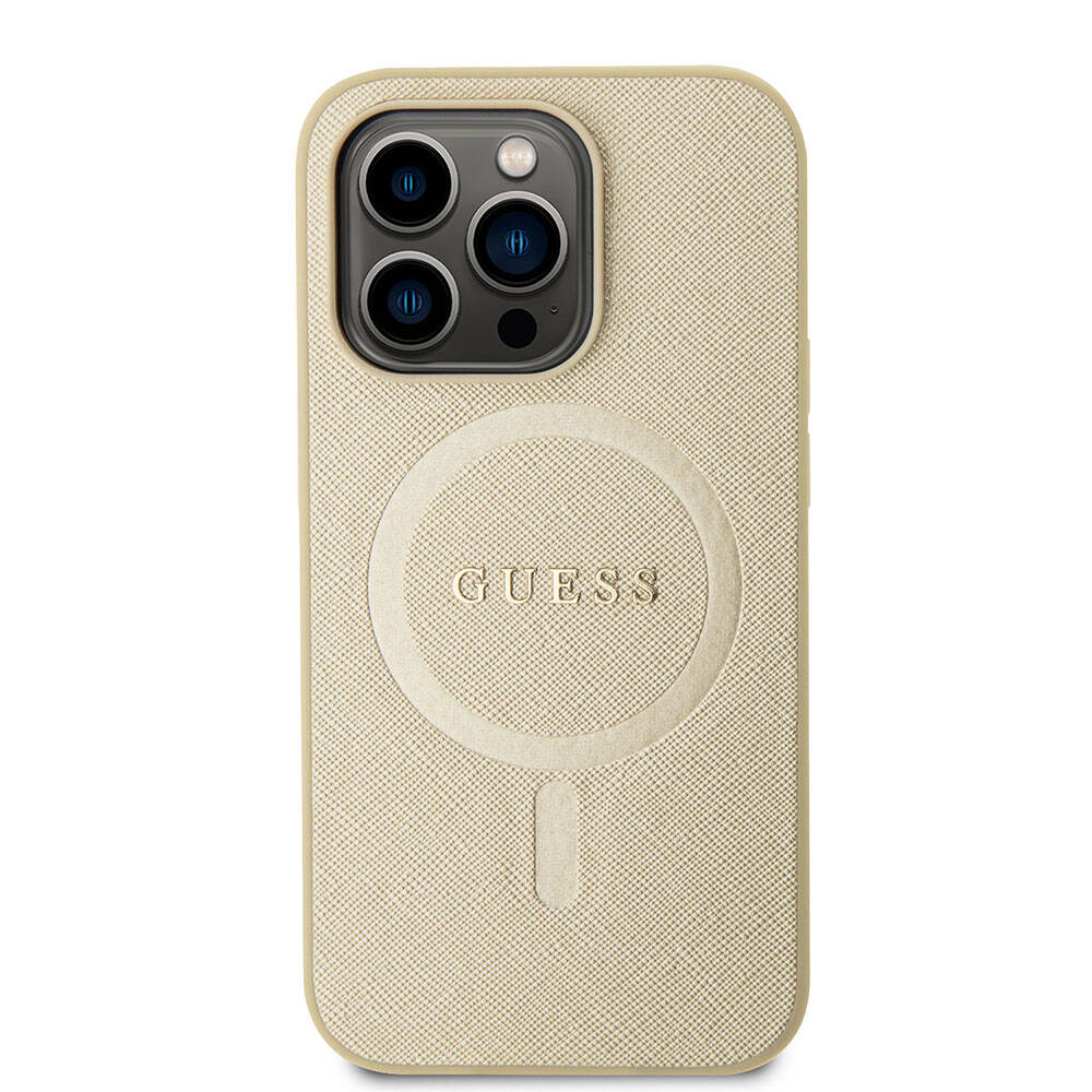 Apple iPhone 15 Pro Kılıf Guess Orjinal Lisanslı M-safe Şarj Özellikli Yazı Logolu Saffiano Kapak Krem