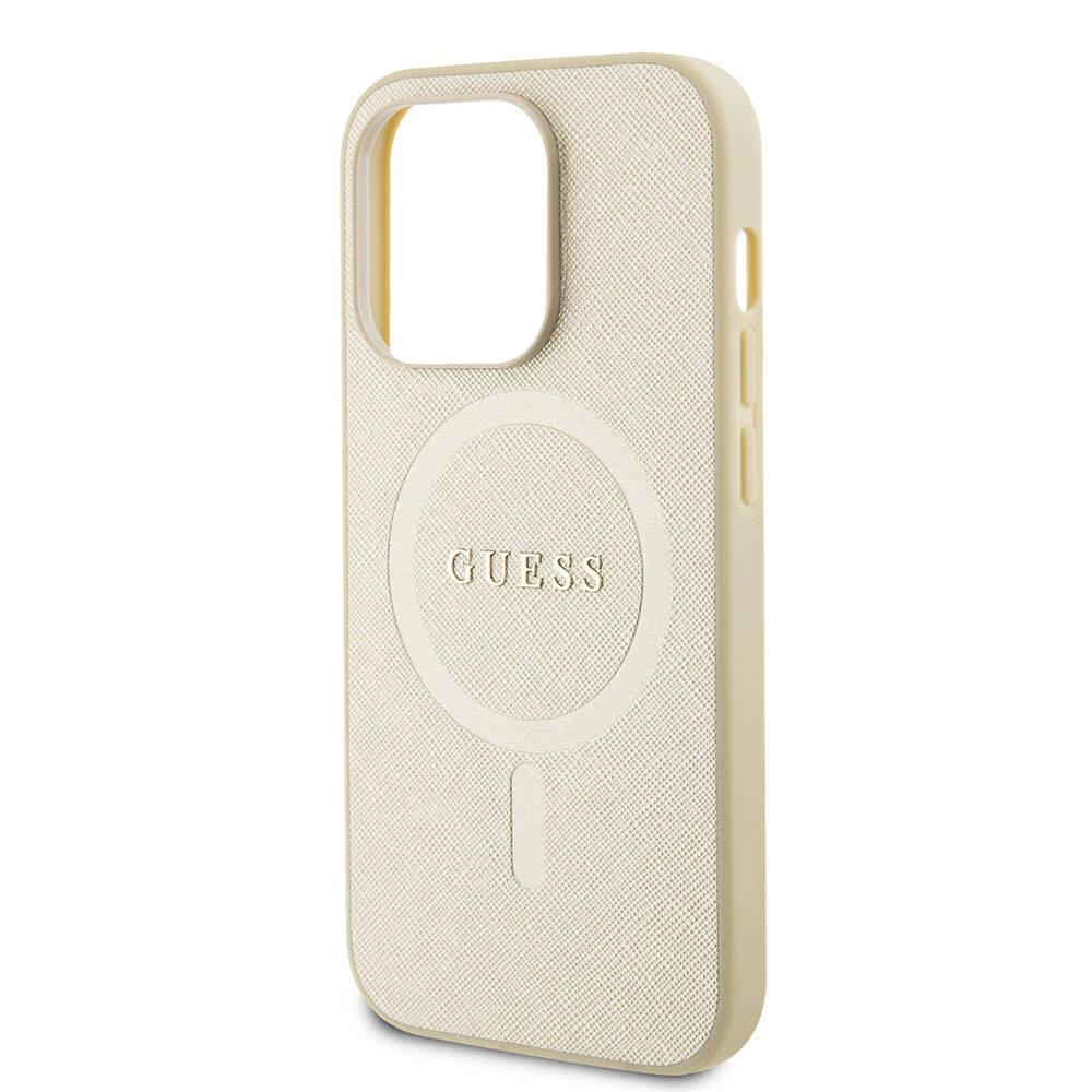 Apple iPhone 15 Pro Kılıf Guess Orjinal Lisanslı M-safe Şarj Özellikli Yazı Logolu Saffiano Kapak Krem