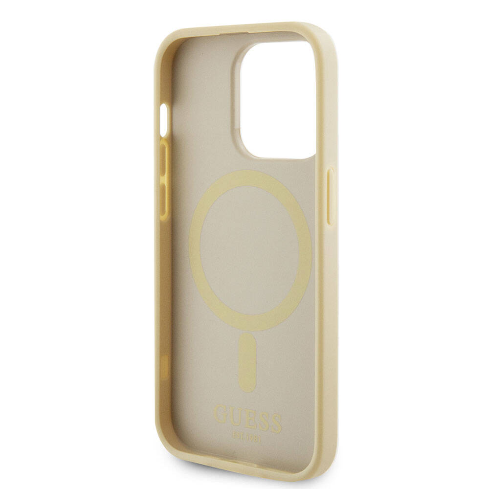 Apple iPhone 15 Pro Kılıf Guess Orjinal Lisanslı M-safe Şarj Özellikli Yazı Logolu Saffiano Kapak Krem