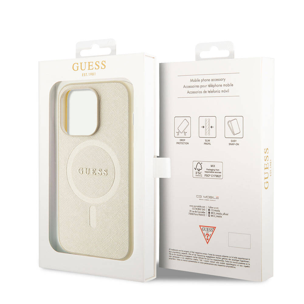 Apple iPhone 15 Pro Kılıf Guess Orjinal Lisanslı M-safe Şarj Özellikli Yazı Logolu Saffiano Kapak Krem