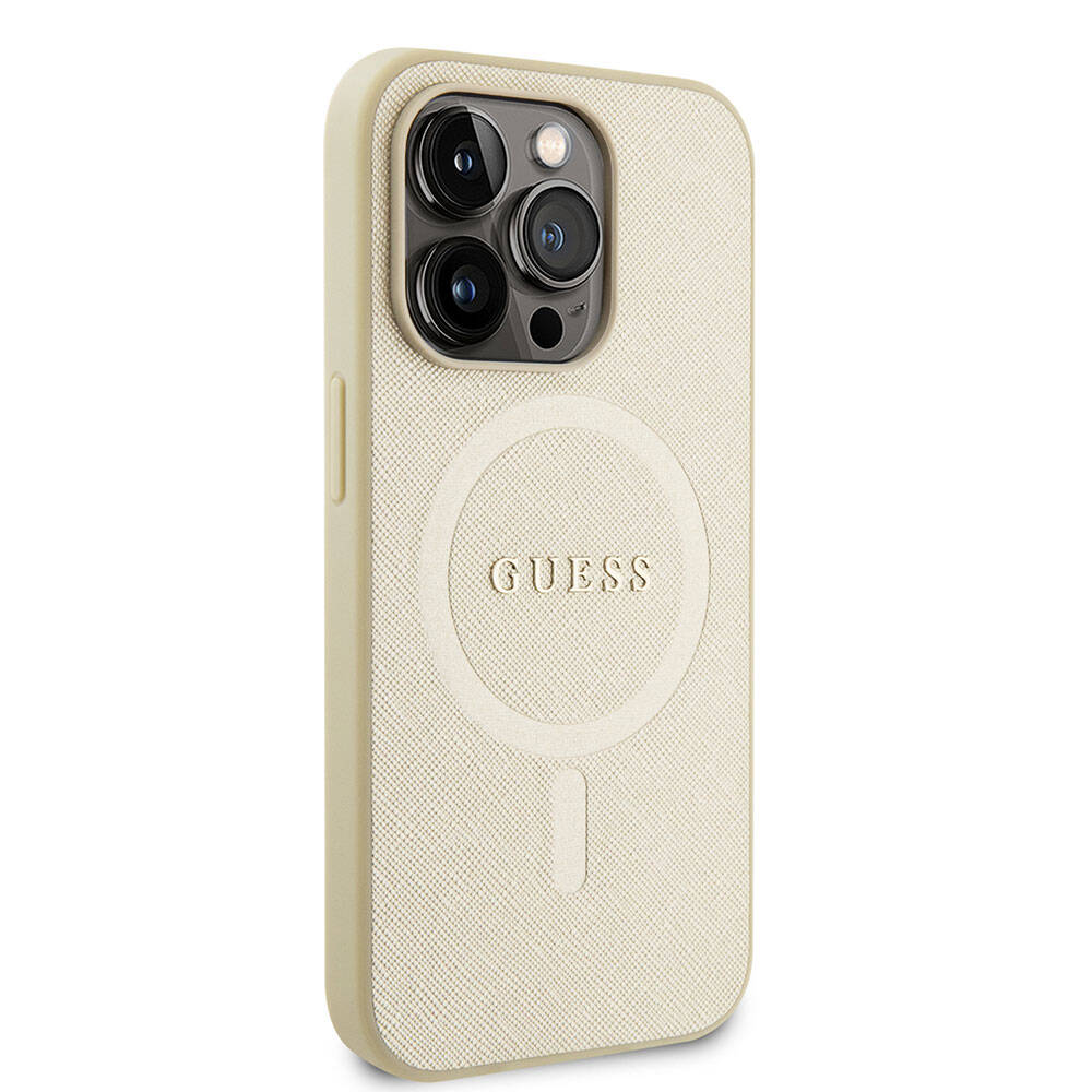 Apple iPhone 15 Pro Kılıf Guess Orjinal Lisanslı M-safe Şarj Özellikli Yazı Logolu Saffiano Kapak Krem