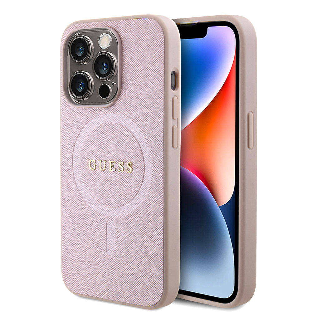 Apple iPhone 15 Pro Kılıf Guess Orjinal Lisanslı M-safe Şarj Özellikli Yazı Logolu Saffiano Kapak Krem
