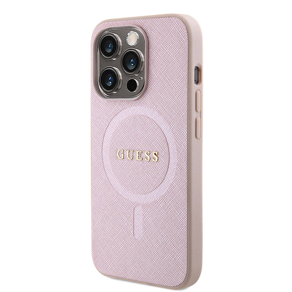Apple iPhone 15 Pro Kılıf Guess Orjinal Lisanslı M-safe Şarj Özellikli Yazı Logolu Saffiano Kapak Krem