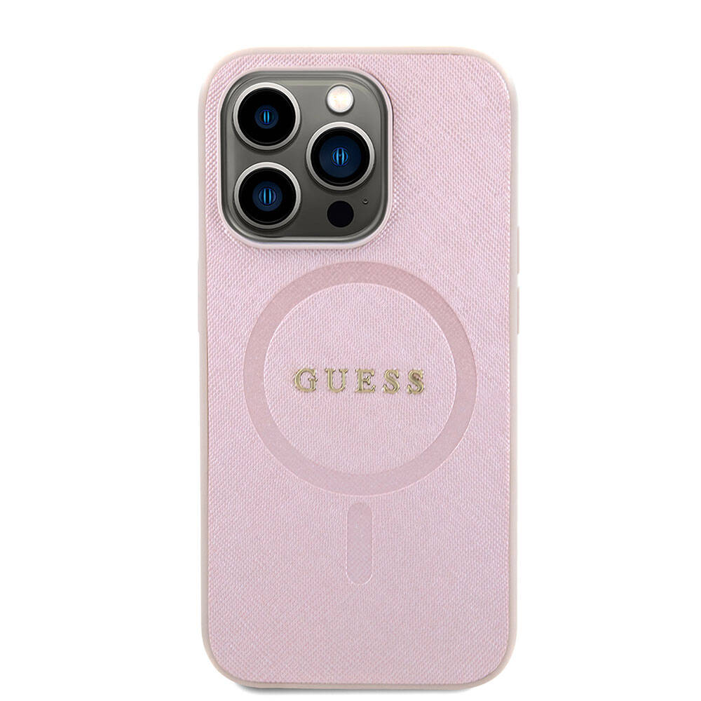 Apple iPhone 15 Pro Kılıf Guess Orjinal Lisanslı M-safe Şarj Özellikli Yazı Logolu Saffiano Kapak Krem