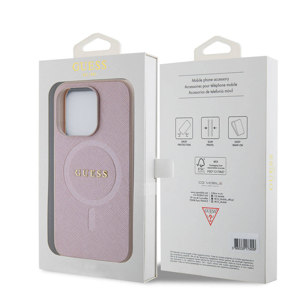 Apple iPhone 15 Pro Kılıf Guess Orjinal Lisanslı M-safe Şarj Özellikli Yazı Logolu Saffiano Kapak Krem