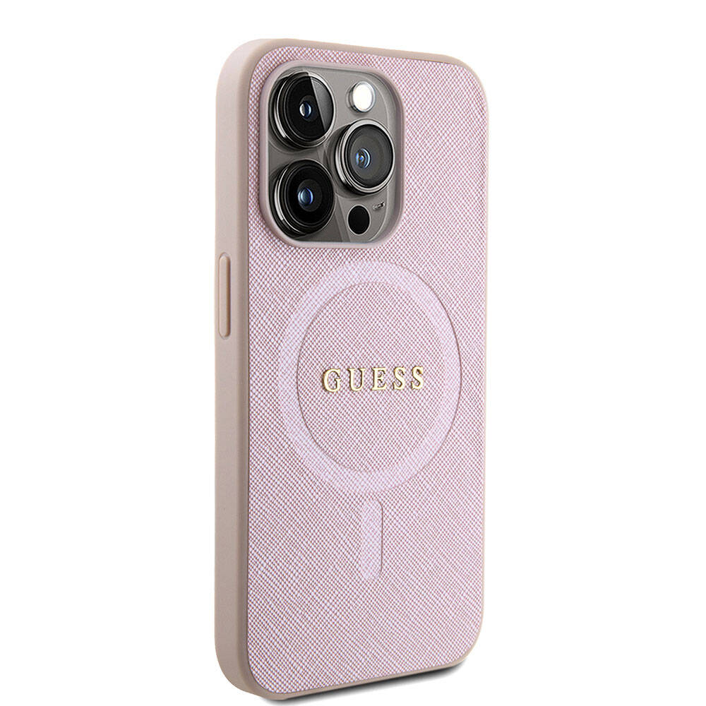 Apple iPhone 15 Pro Kılıf Guess Orjinal Lisanslı M-safe Şarj Özellikli Yazı Logolu Saffiano Kapak