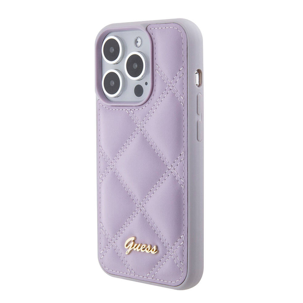 Apple iPhone 15 Pro Kılıf Guess Orjinal Lisanslı PU Deri Metal Yazı Logolu Kapitone Kapak Pembe