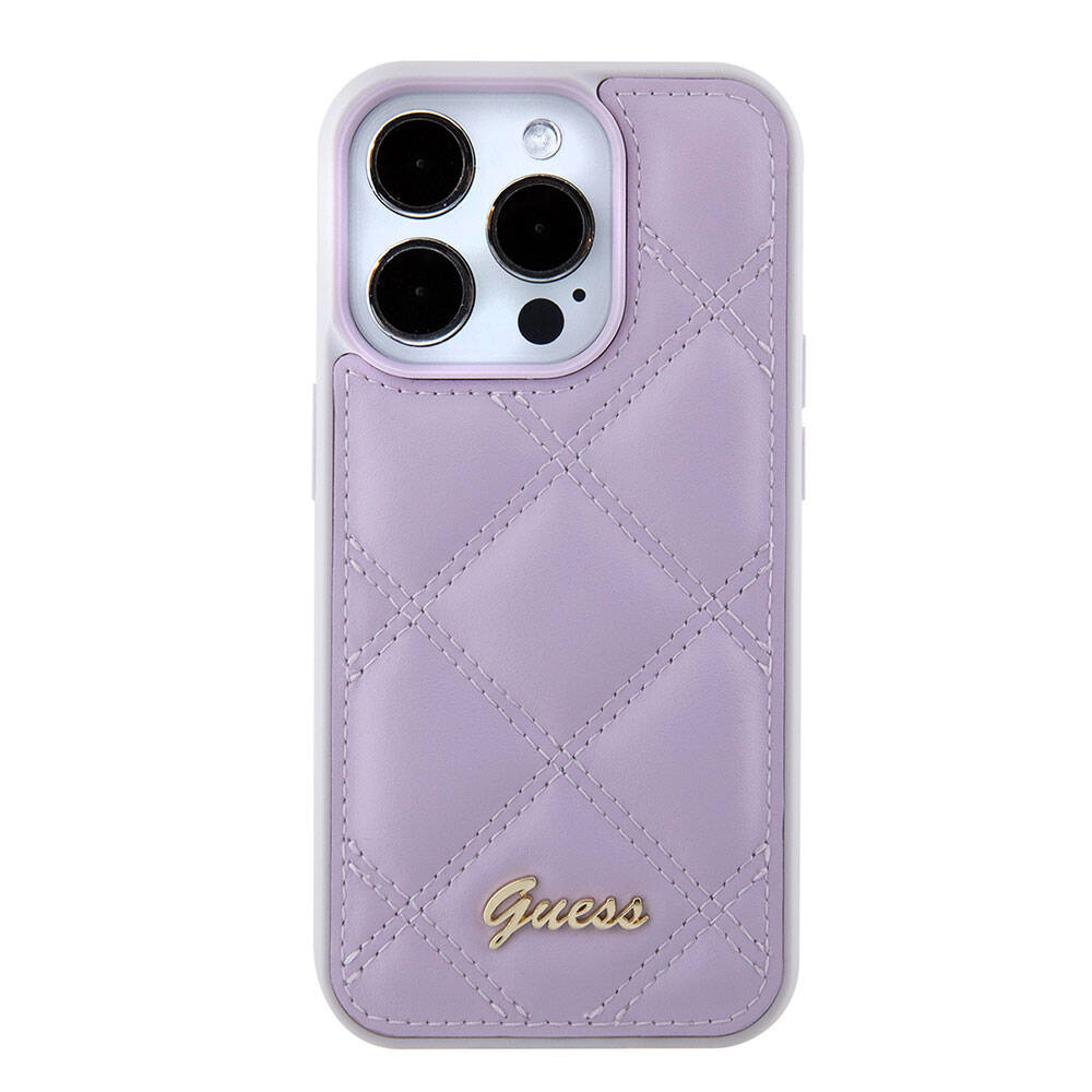 Apple iPhone 15 Pro Kılıf Guess Orjinal Lisanslı PU Deri Metal Yazı Logolu Kapitone Kapak Pembe