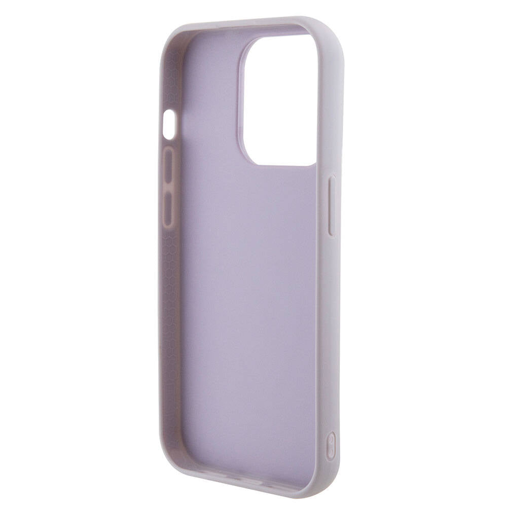 Apple iPhone 15 Pro Kılıf Guess Orjinal Lisanslı PU Deri Metal Yazı Logolu Kapitone Kapak Pembe