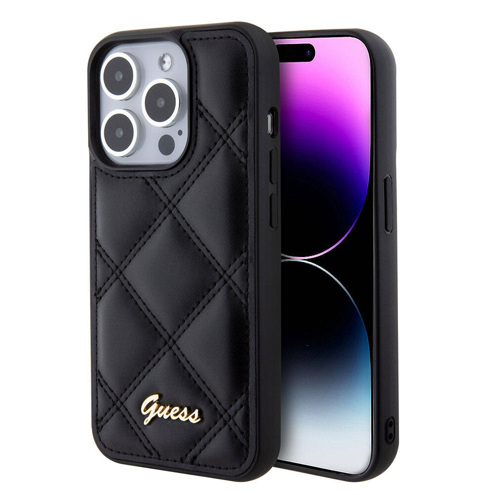 Apple iPhone 15 Pro Kılıf Guess Orjinal Lisanslı PU Deri Metal Yazı Logolu Kapitone Kapak Pembe