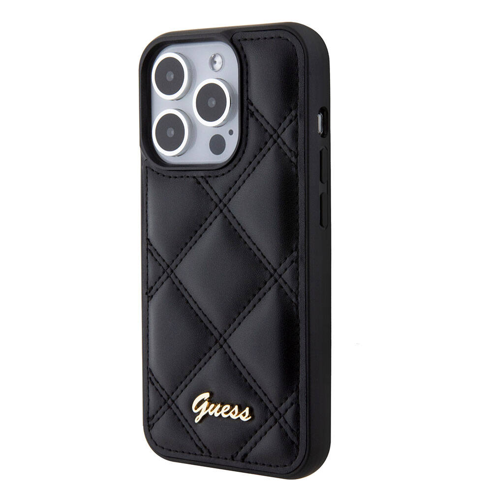 Apple iPhone 15 Pro Kılıf Guess Orjinal Lisanslı PU Deri Metal Yazı Logolu Kapitone Kapak Pembe
