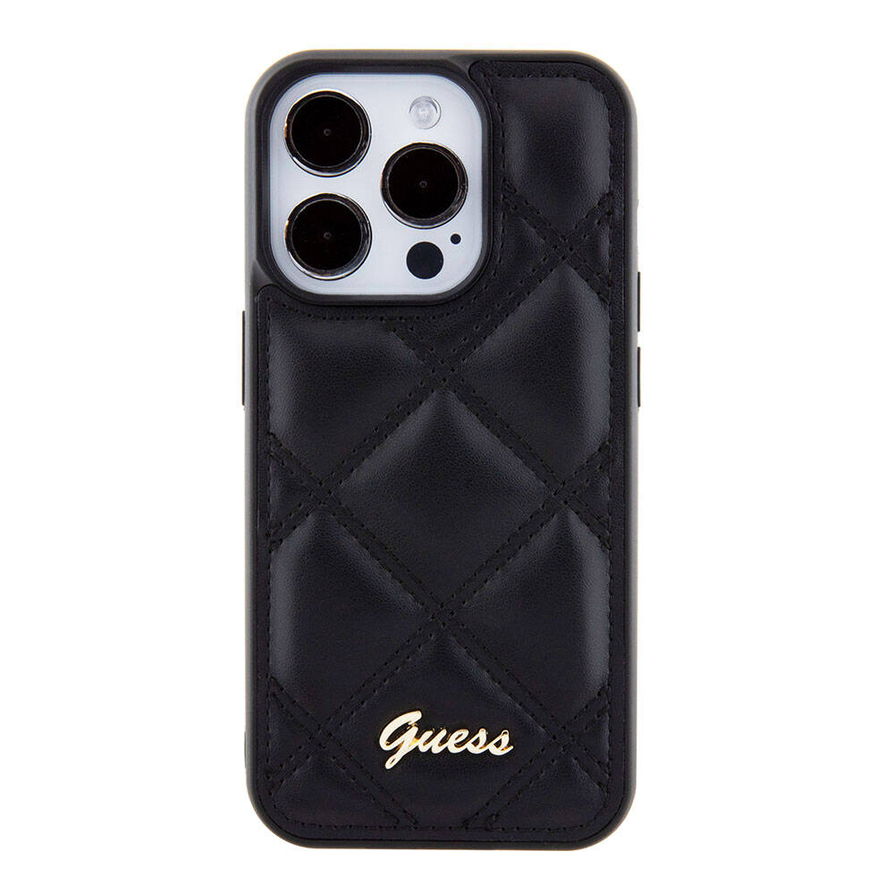 Apple iPhone 15 Pro Kılıf Guess Orjinal Lisanslı PU Deri Metal Yazı Logolu Kapitone Kapak Pembe