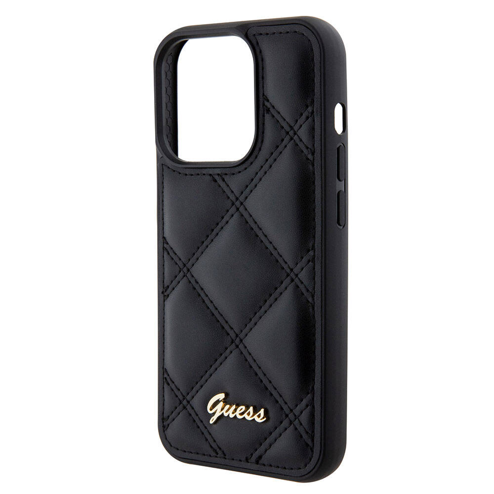 Apple iPhone 15 Pro Kılıf Guess Orjinal Lisanslı PU Deri Metal Yazı Logolu Kapitone Kapak Pembe