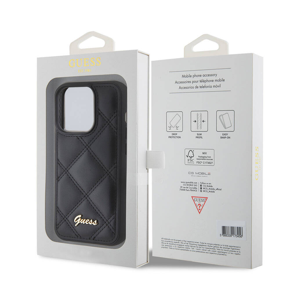 Apple iPhone 15 Pro Kılıf Guess Orjinal Lisanslı PU Deri Metal Yazı Logolu Kapitone Kapak Pembe