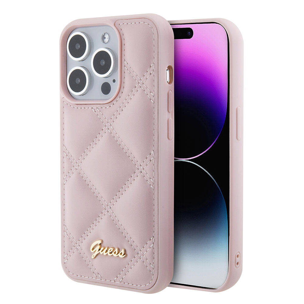 Apple iPhone 15 Pro Kılıf Guess Orjinal Lisanslı PU Deri Metal Yazı Logolu Kapitone Kapak Pembe