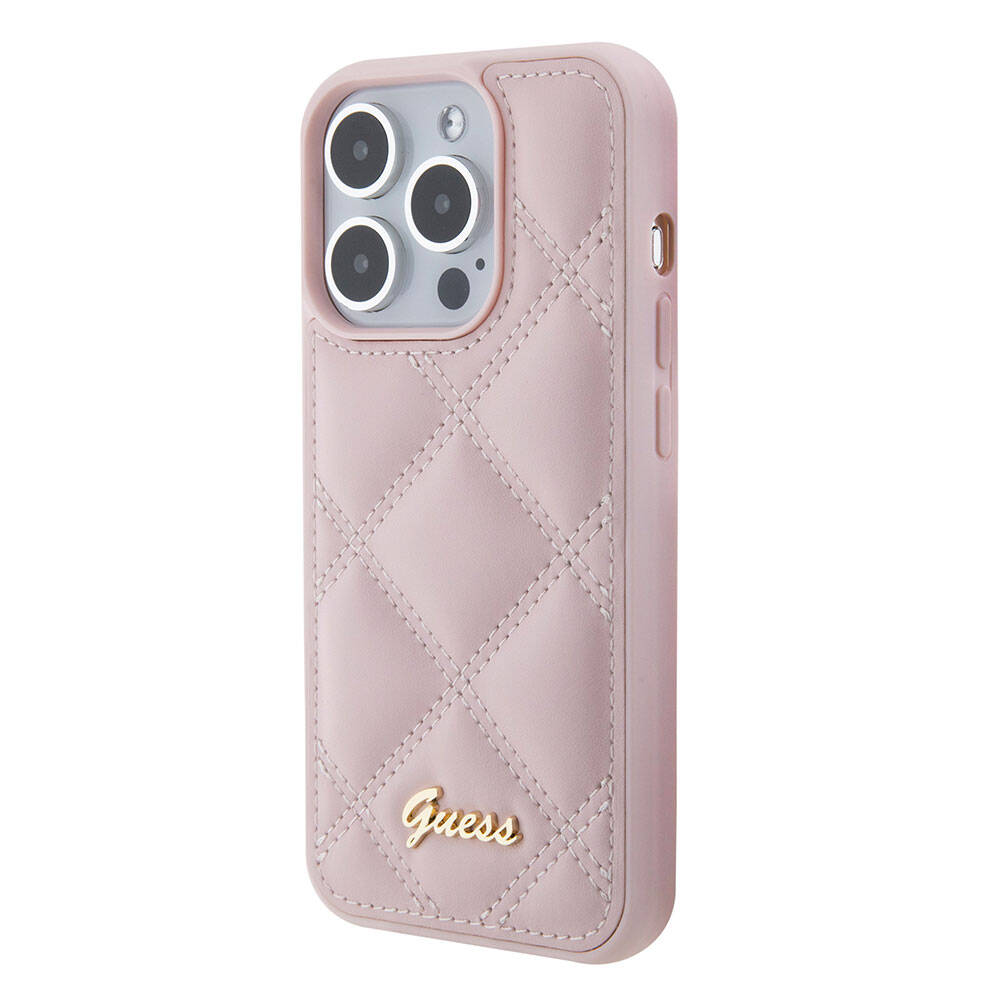 Apple iPhone 15 Pro Kılıf Guess Orjinal Lisanslı PU Deri Metal Yazı Logolu Kapitone Kapak Pembe