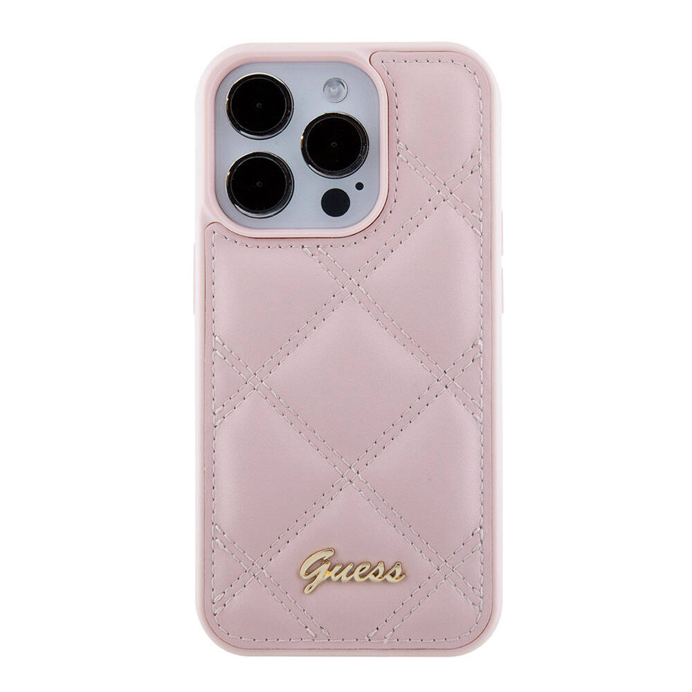 Apple iPhone 15 Pro Kılıf Guess Orjinal Lisanslı PU Deri Metal Yazı Logolu Kapitone Kapak Pembe