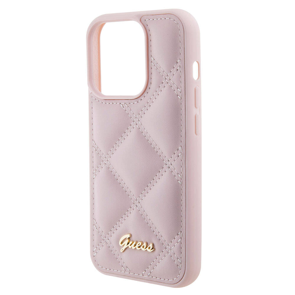 Apple iPhone 15 Pro Kılıf Guess Orjinal Lisanslı PU Deri Metal Yazı Logolu Kapitone Kapak Pembe
