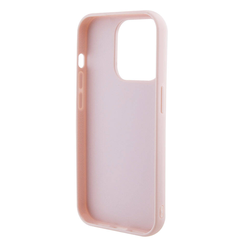 Apple iPhone 15 Pro Kılıf Guess Orjinal Lisanslı PU Deri Metal Yazı Logolu Kapitone Kapak Pembe