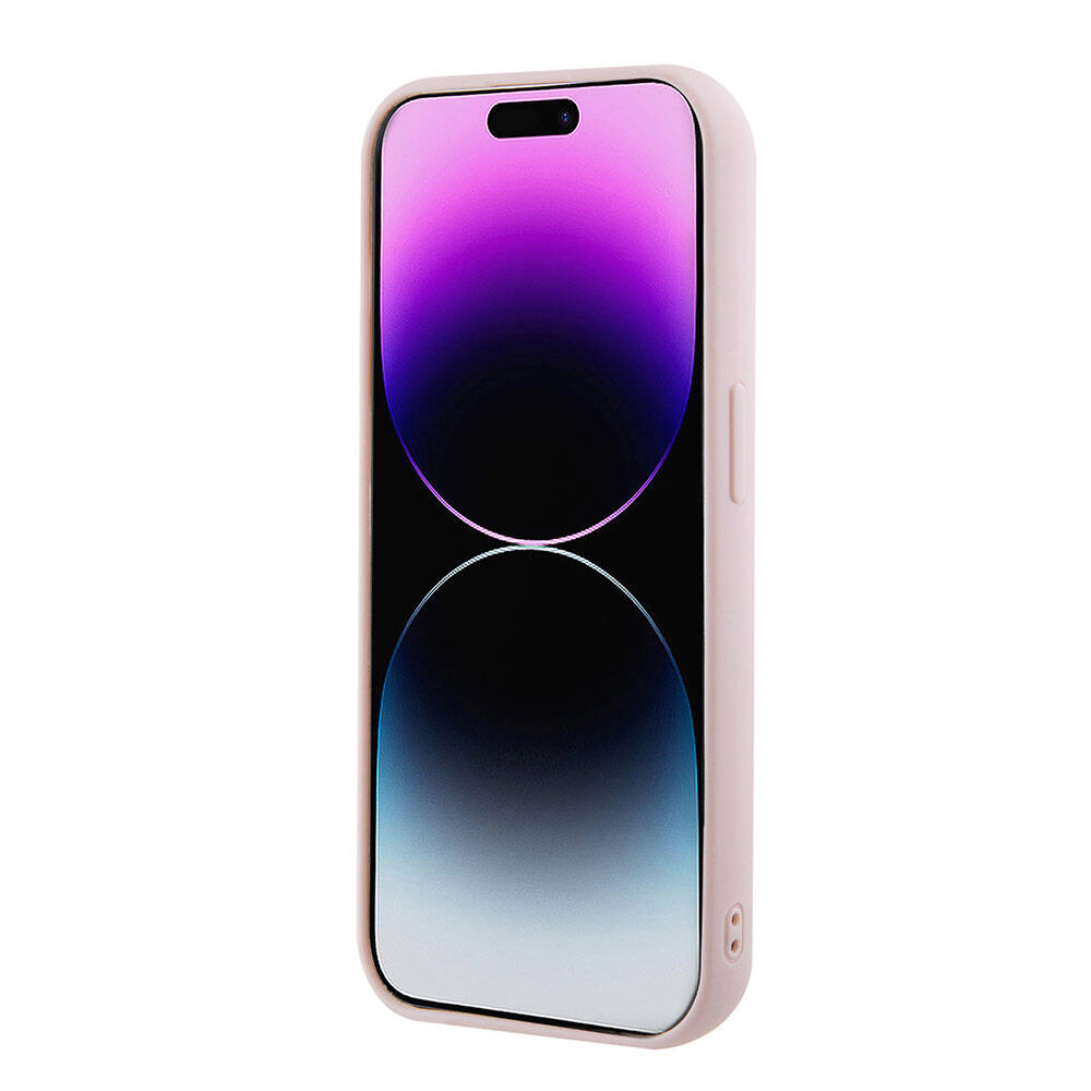 Apple iPhone 15 Pro Kılıf Guess Orjinal Lisanslı PU Deri Metal Yazı Logolu Kapitone Kapak Pembe