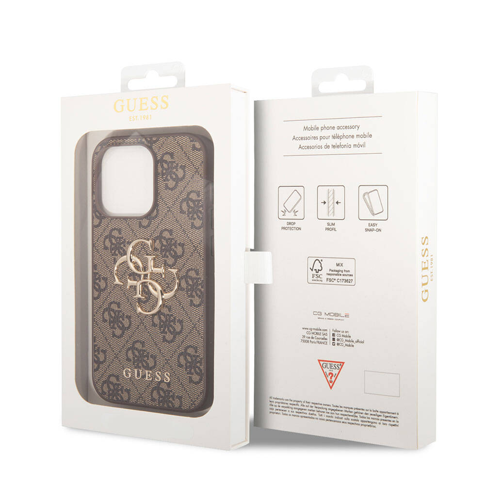 Apple iPhone 15 Pro Kılıf Guess Orjinal Lisanslı PU Deri Yazı ve 4G Metal Logolu Desenli Kapak Pembe