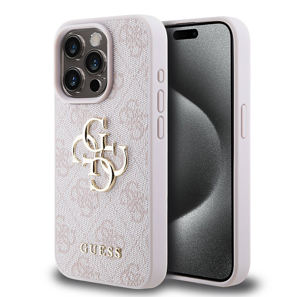 Apple iPhone 15 Pro Kılıf Guess Orjinal Lisanslı PU Deri Yazı ve 4G Metal Logolu Desenli Kapak Pembe