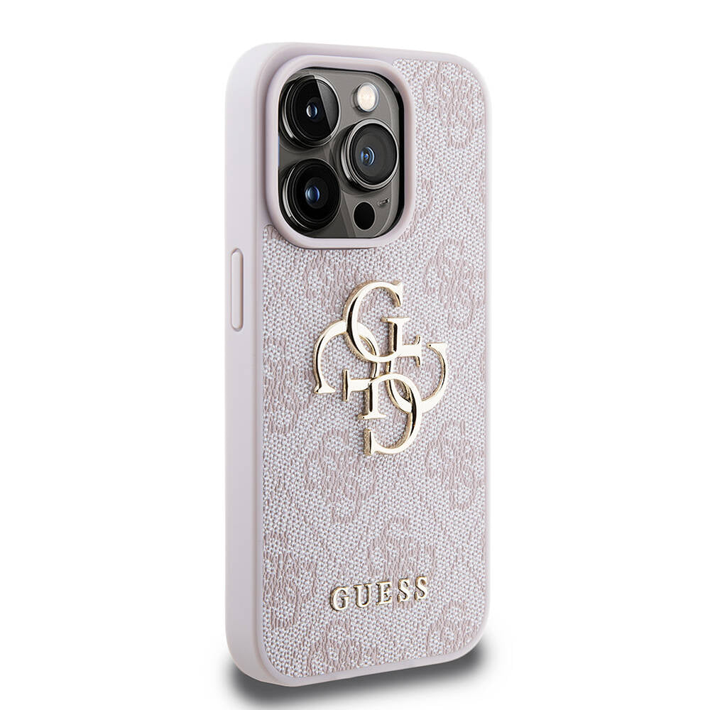 Apple iPhone 15 Pro Kılıf Guess Orjinal Lisanslı PU Deri Yazı ve 4G Metal Logolu Desenli Kapak Pembe