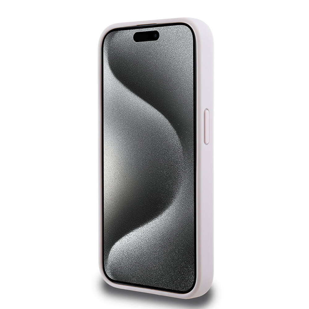 Apple iPhone 15 Pro Kılıf Guess Orjinal Lisanslı PU Deri Yazı ve 4G Metal Logolu Desenli Kapak Pembe