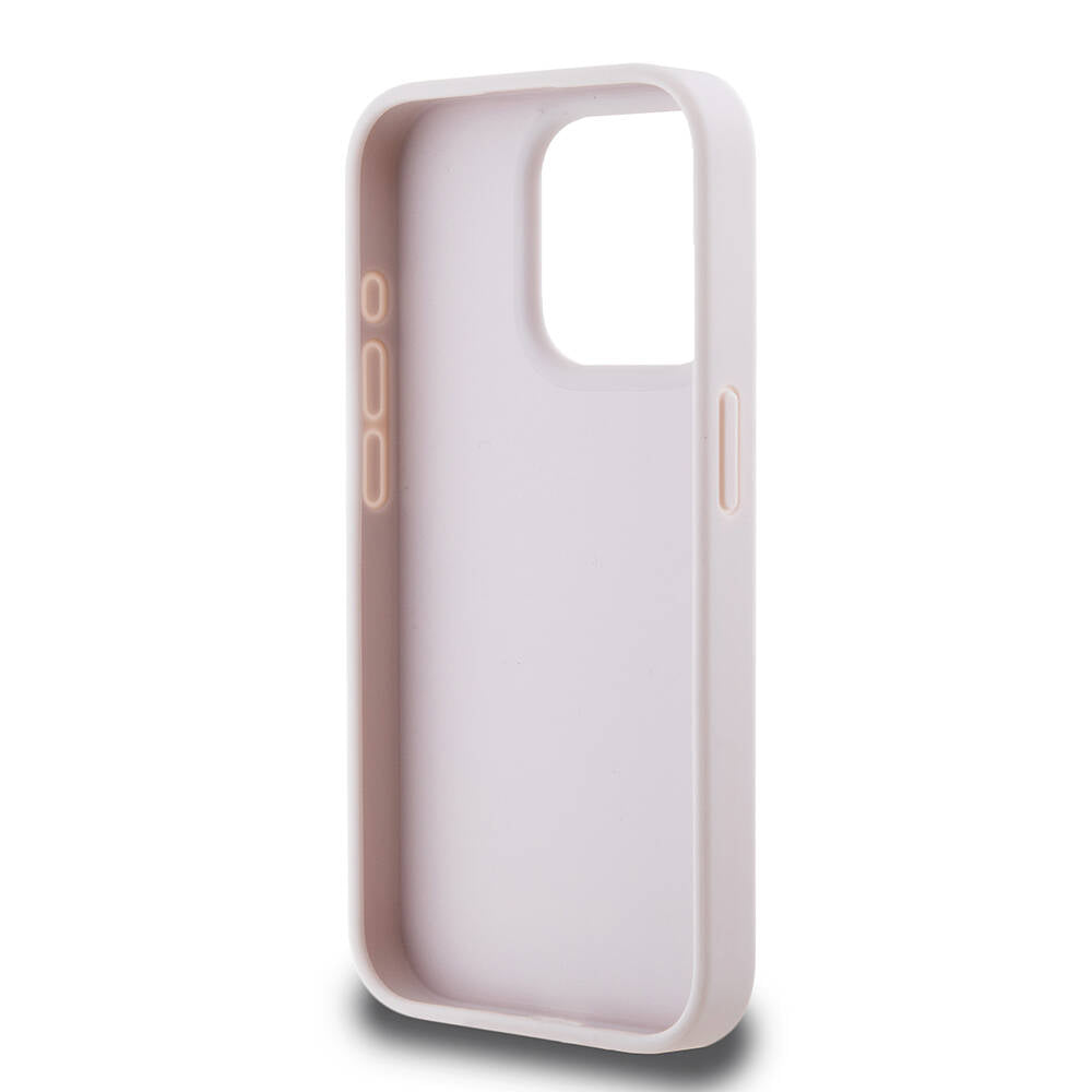 Apple iPhone 15 Pro Kılıf Guess Orjinal Lisanslı PU Deri Yazı ve 4G Metal Logolu Desenli Kapak Pembe