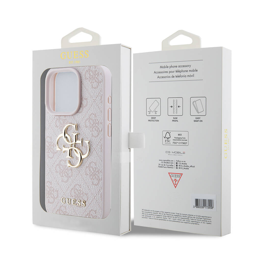 Apple iPhone 15 Pro Kılıf Guess Orjinal Lisanslı PU Deri Yazı ve 4G Metal Logolu Desenli Kapak Pembe