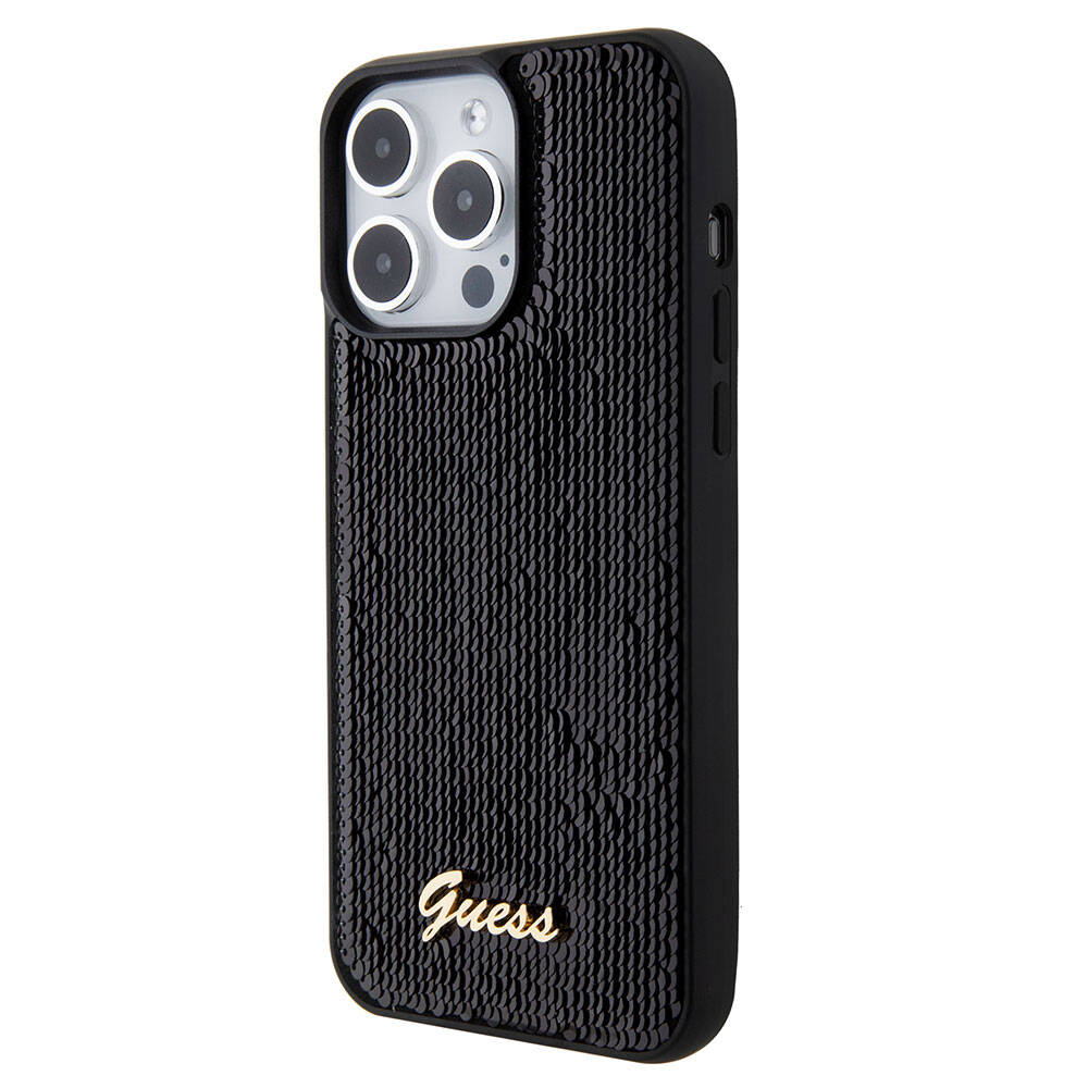 Apple iPhone 15 Pro Kılıf Guess Orjinal Lisanslı Pullu Arka Yüzey Metal Yazı Logolu Sequin Script Kapak Pembe
