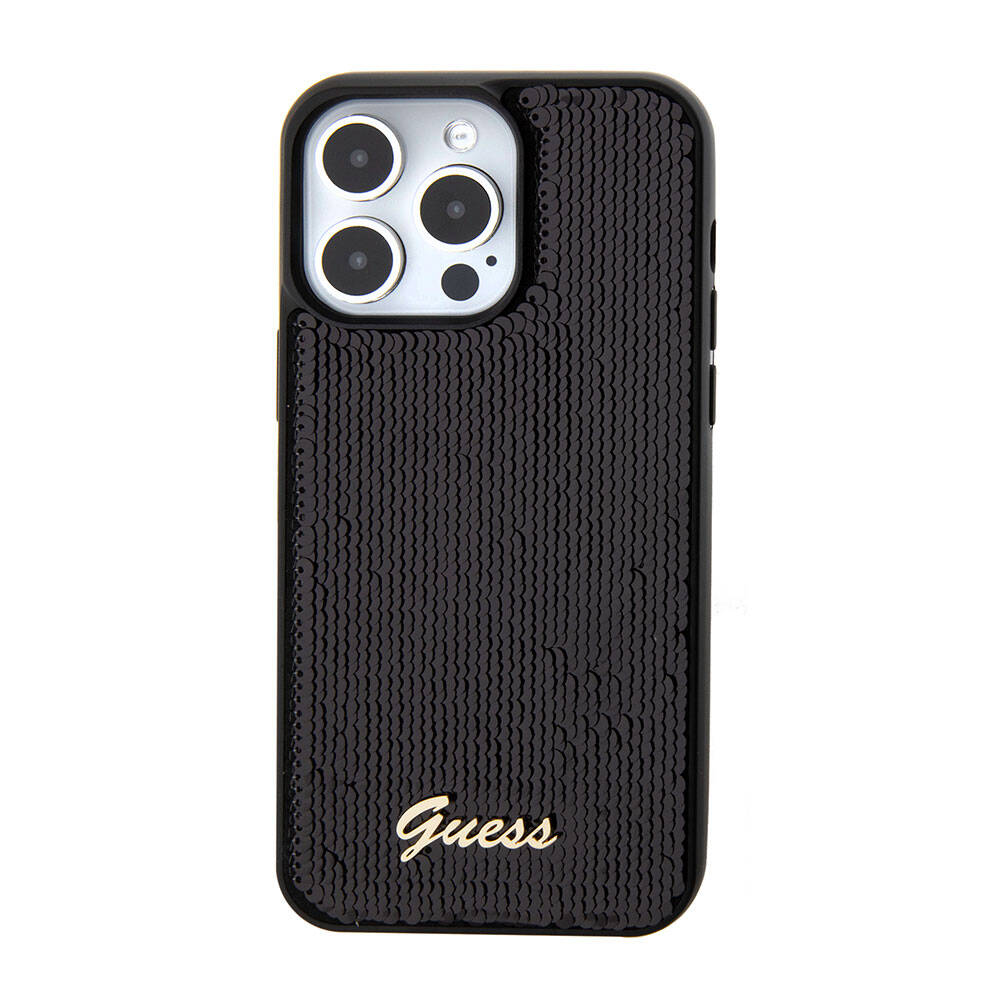 Apple iPhone 15 Pro Kılıf Guess Orjinal Lisanslı Pullu Arka Yüzey Metal Yazı Logolu Sequin Script Kapak Pembe