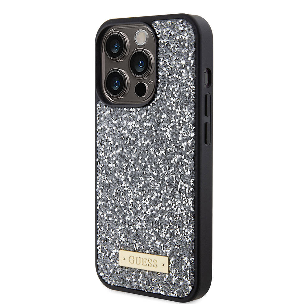 Apple iPhone 15 Pro Kılıf Guess Orjinal Lisanslı Taşlı Arka Yüzey Metal Yazı Logolu Kapak Pembe Açık