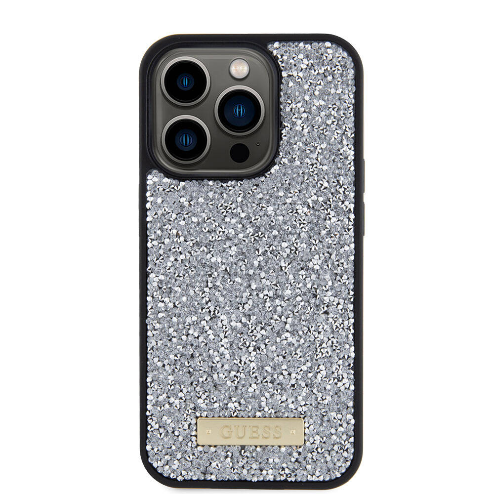 Apple iPhone 15 Pro Kılıf Guess Orjinal Lisanslı Taşlı Arka Yüzey Metal Yazı Logolu Kapak Pembe Açık